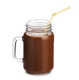 Photo of Tasty chocolate milk in glass mason jar isolated on white