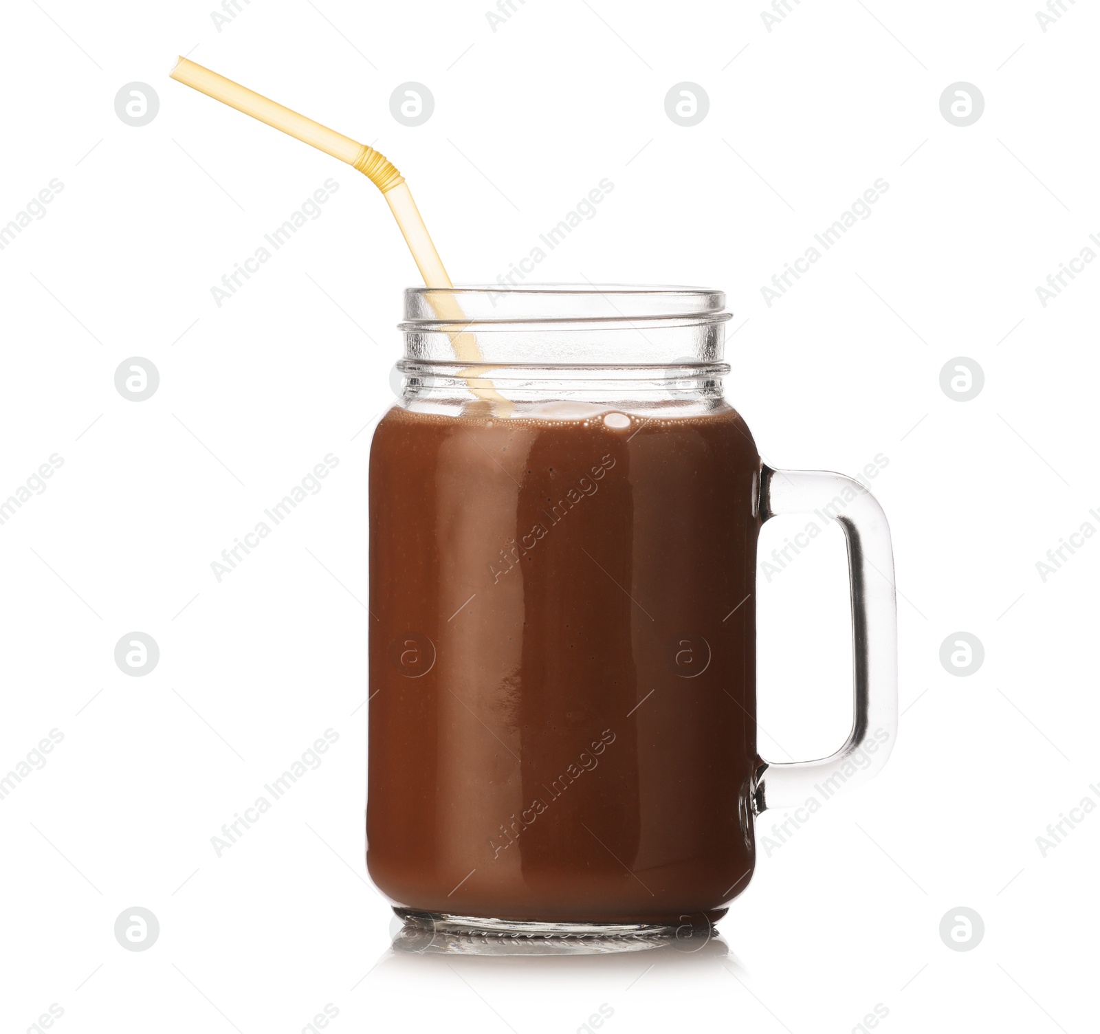 Tasty chocolate milk in glass mason jar isolated on white Photo of Tasty chocolate milk in glass mason jar isolated on white