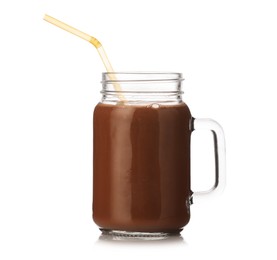 Photo of Tasty chocolate milk in glass mason jar isolated on white