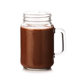 Photo of Tasty chocolate milk in glass mason jar isolated on white