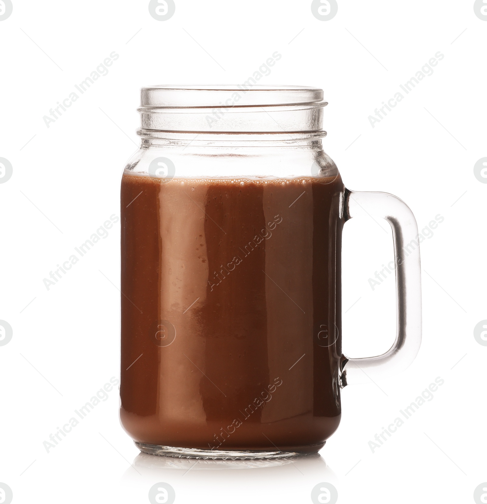 Tasty chocolate milk in glass mason jar isolated on white Photo of Tasty chocolate milk in glass mason jar isolated on white