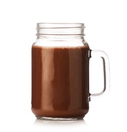 Photo of Tasty chocolate milk in glass mason jar isolated on white