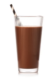 Photo of Tasty chocolate milk in glass isolated on white