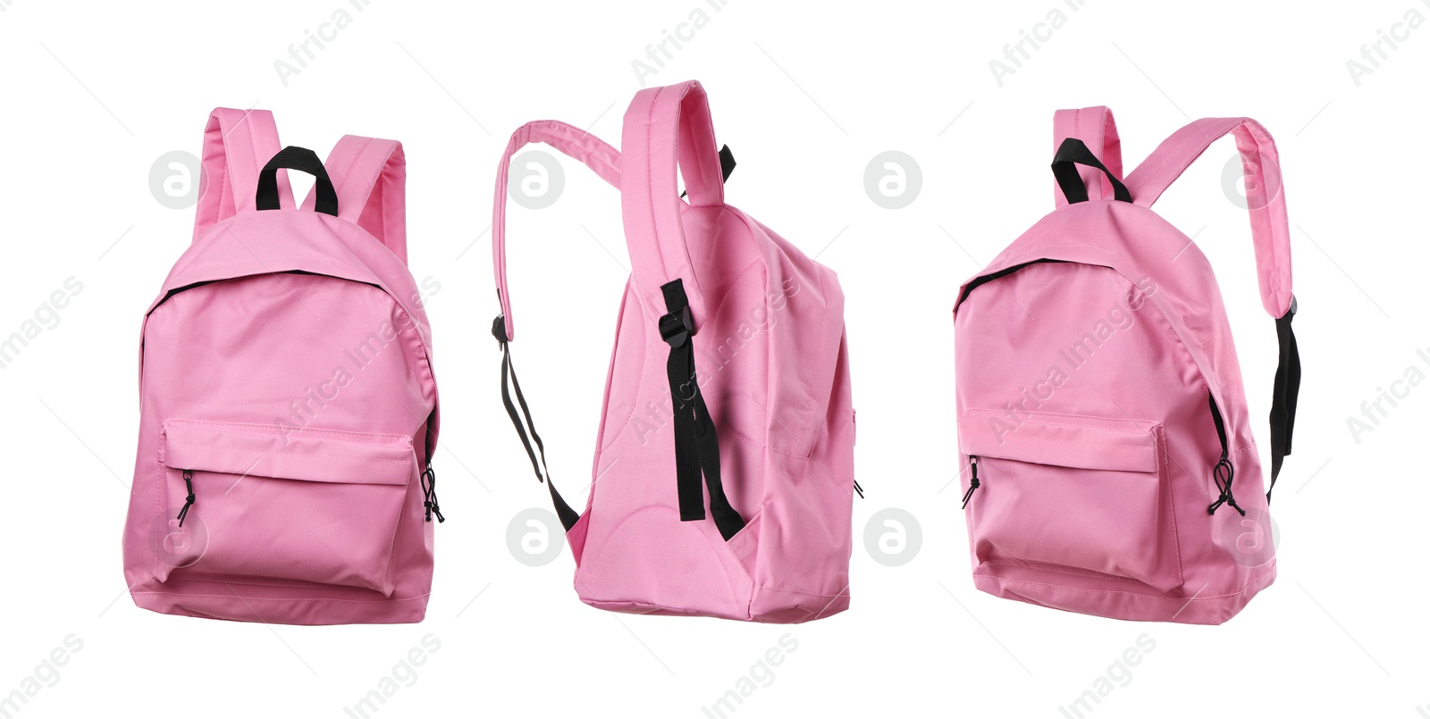 Pink backpack isolated on white, collage. Different sides Image of Pink backpack isolated on white, collage. Different sides
