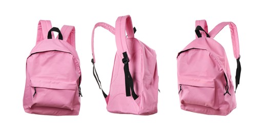 Image of Pink backpack isolated on white, collage. Different sides