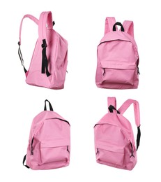 Image of Pink backpack isolated on white, collage. Different sides