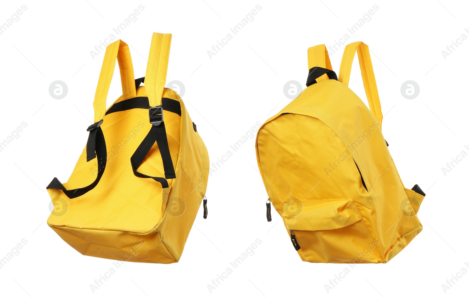 Yellow backpack isolated on white, collage. Different sides Image of Yellow backpack isolated on white, collage. Different sides