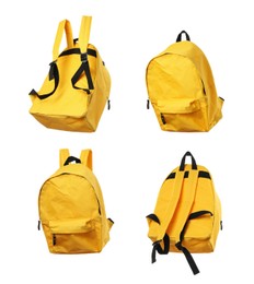 Image of Yellow backpack isolated on white, collage. Different sides