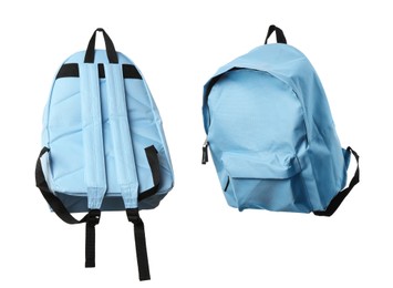 Image of Light blue backpack isolated on white, collage. Different sides