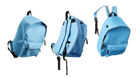 Image of Light blue backpack isolated on white, collage. Different sides