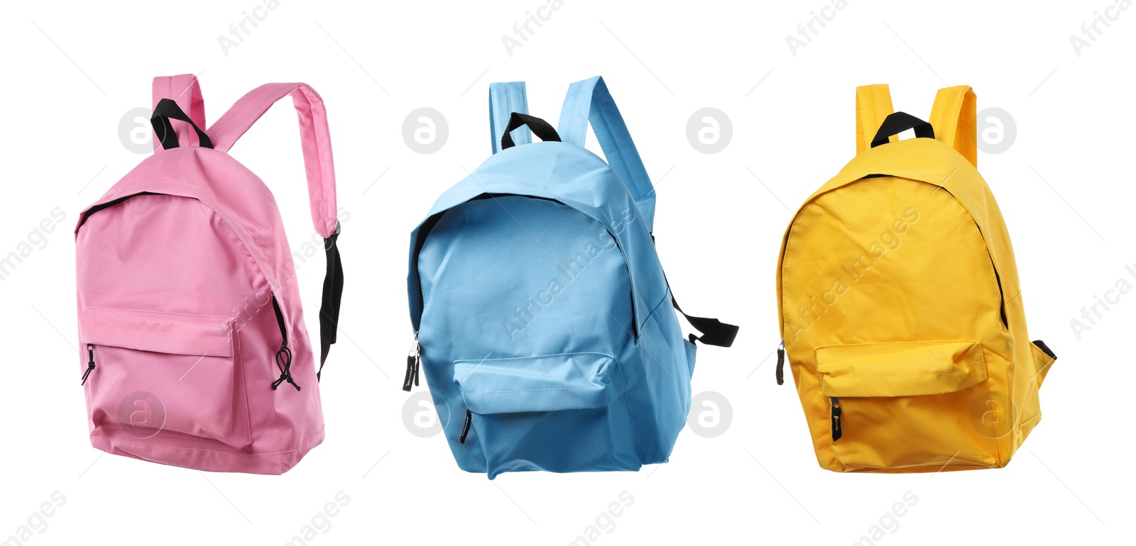 Different bright backpacks isolated on white, collage Image of Different bright backpacks isolated on white, collage