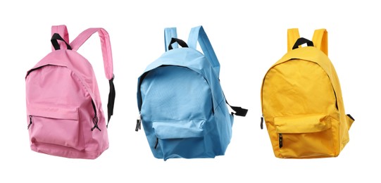 Image of Different bright backpacks isolated on white, collage