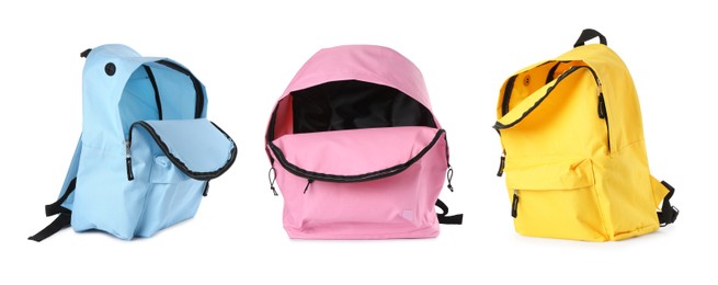 Image of Different empty backpacks isolated on white, collage