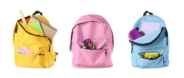 Image of Different backpacks with school stationery isolated on white, collage