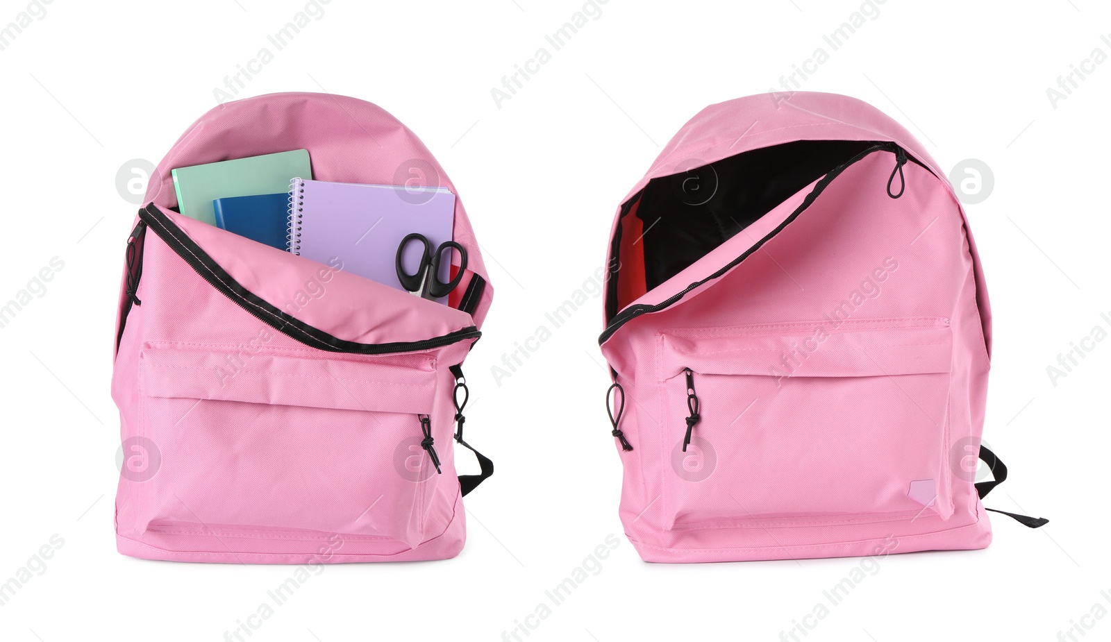 Pink backpack isolated on white, collage. Empty and filled with stationery Image of Pink backpack isolated on white, collage. Empty and filled with stationery