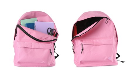 Image of Pink backpack isolated on white, collage. Empty and filled with stationery