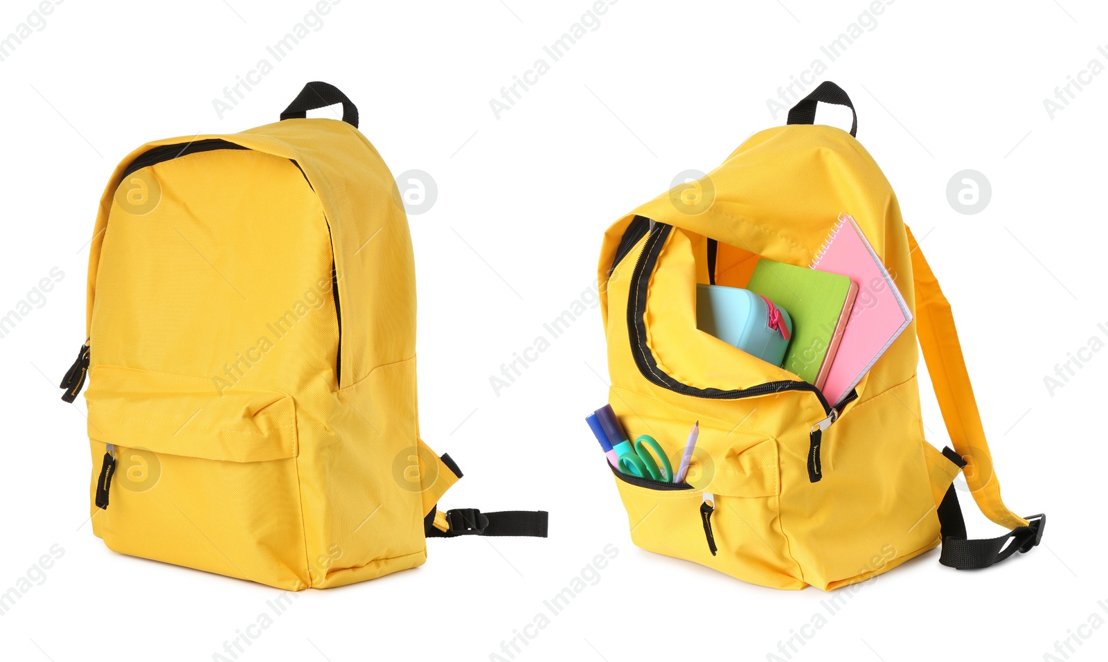 Yellow backpack isolated on white, collage. Empty and filled with stationery Image of Yellow backpack isolated on white, collage. Empty and filled with stationery