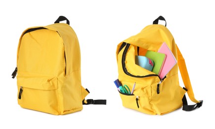 Image of Yellow backpack isolated on white, collage. Empty and filled with stationery
