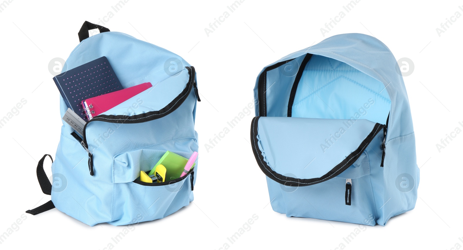 Light blue backpack isolated on white, collage. Empty and filled with stationery Image of Light blue backpack isolated on white, collage. Empty and filled with stationery