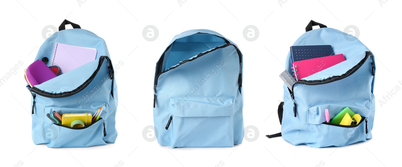 Light blue backpack isolated on white, collage. Empty and filled with stationery Image of Light blue backpack isolated on white, collage. Empty and filled with stationery