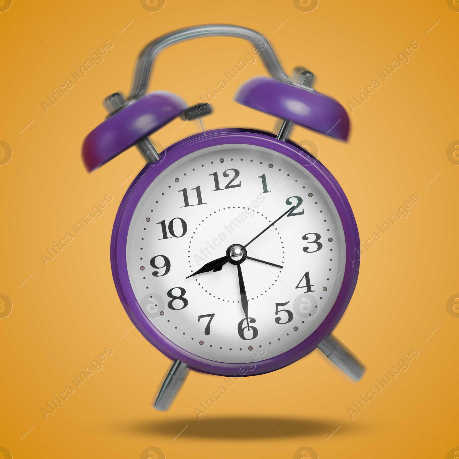 Purple alarm clock ringing and jumping on dark orange background Image of Purple alarm clock ringing and jumping on dark orange background