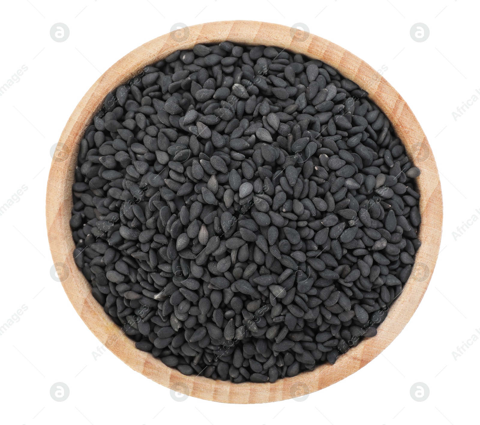 Aromatic black caraway in bowl isolated on white, top view Photo of Aromatic black caraway in bowl isolated on white, top view