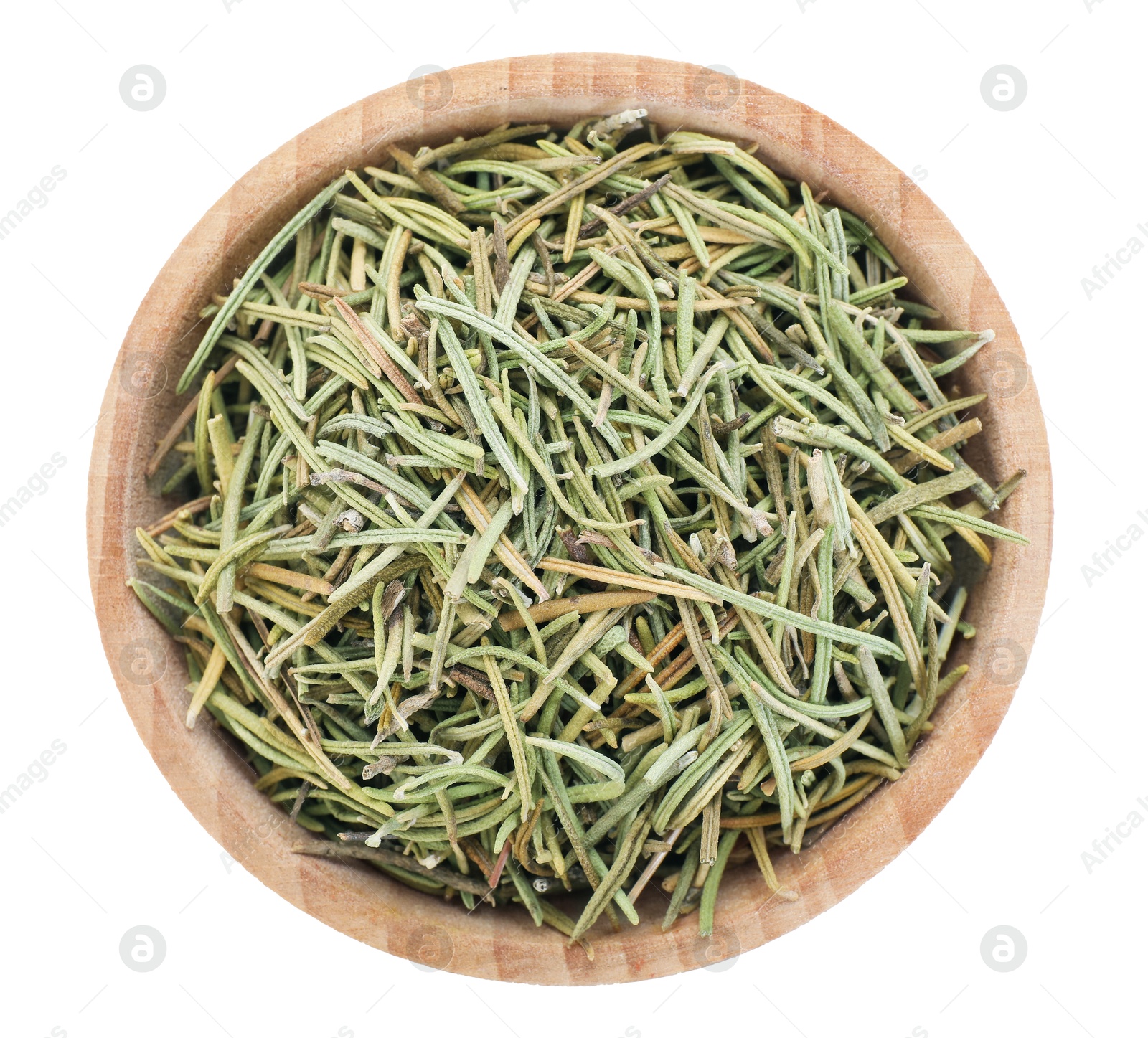 Aromatic dry rosemary in bowl isolated on white, top view Photo of Aromatic dry rosemary in bowl isolated on white, top view