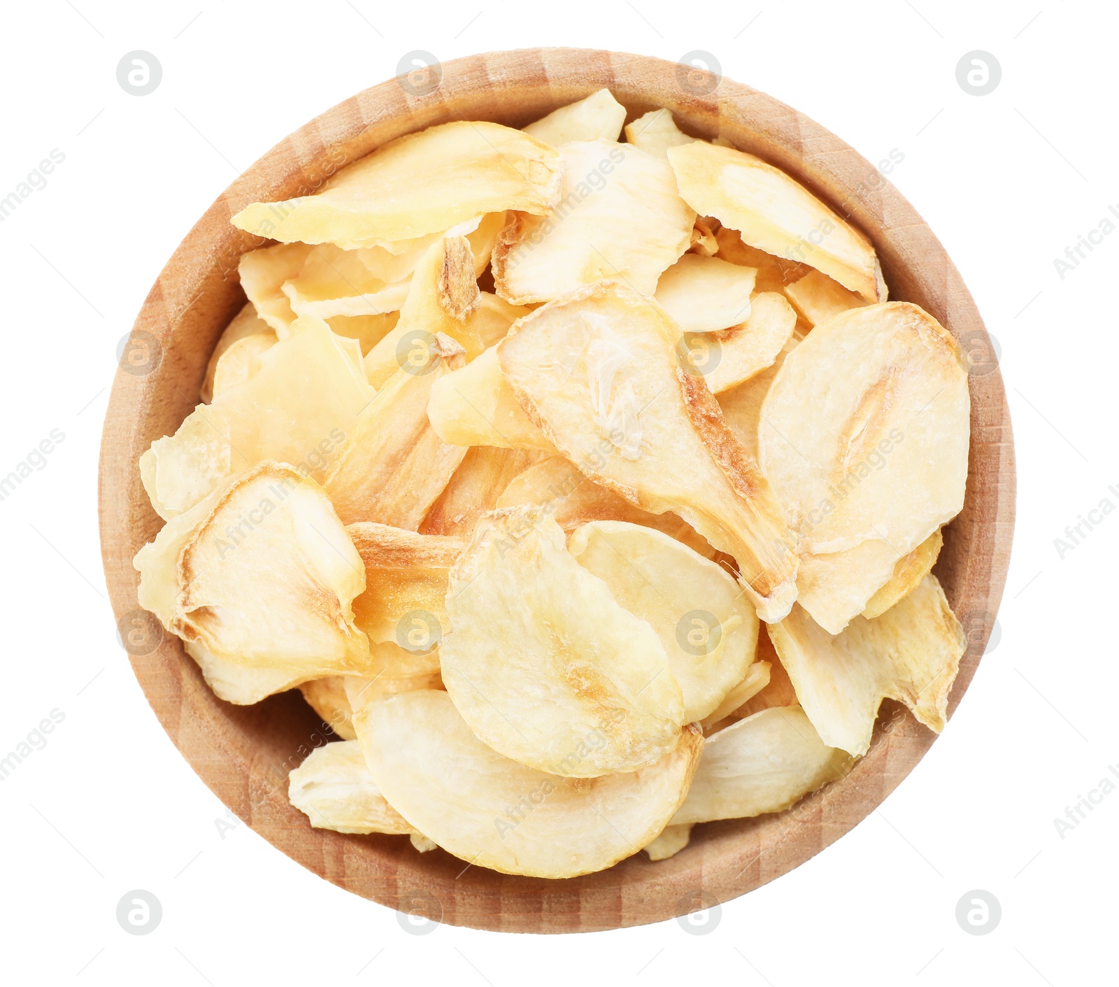 Dried garlic in bowl isolated on white, top view Photo of Dried garlic in bowl isolated on white, top view