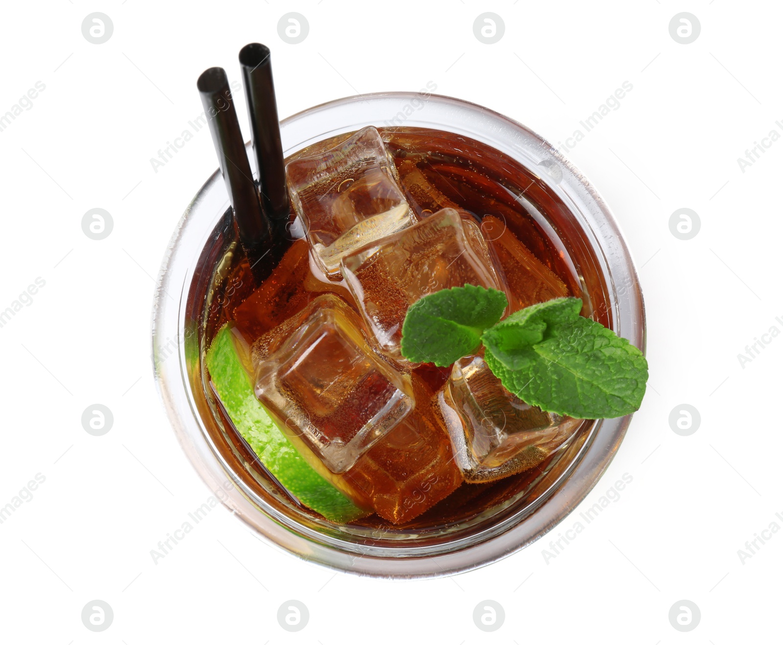 Tasty Cuba Libre cocktail in glass isolated on white, top view Photo of Tasty Cuba Libre cocktail in glass isolated on white, top view