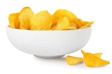 Photo of Tasty potato chips in bowl isolated on white