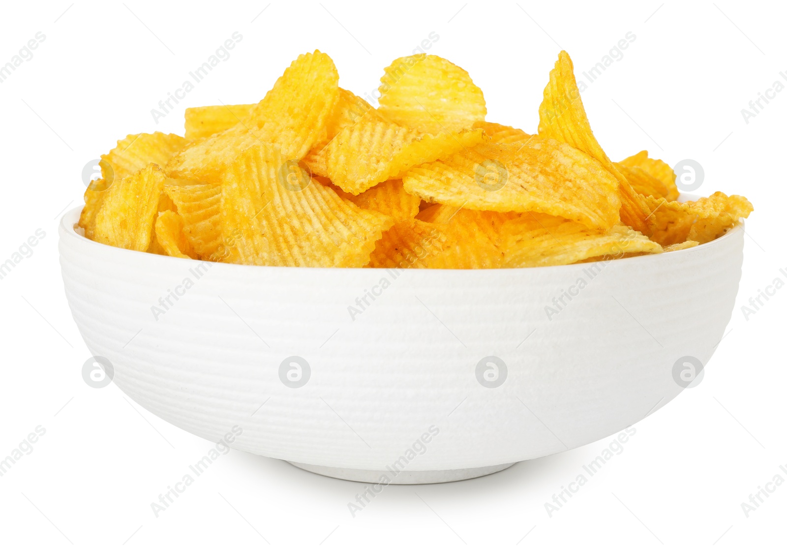 Tasty potato chips in bowl isolated on white Photo of Tasty potato chips in bowl isolated on white