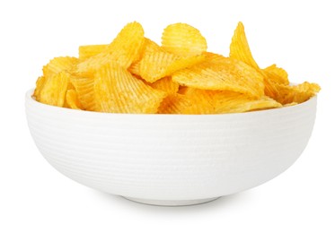Photo of Tasty potato chips in bowl isolated on white