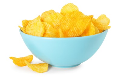 Photo of Tasty potato chips in bowl isolated on white