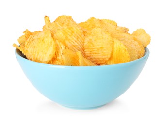 Photo of Tasty potato chips in bowl isolated on white
