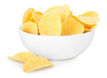 Photo of Tasty potato chips in bowl isolated on white