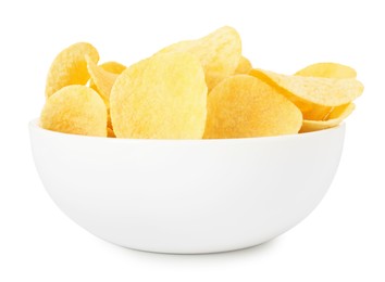 Photo of Tasty potato chips in bowl isolated on white