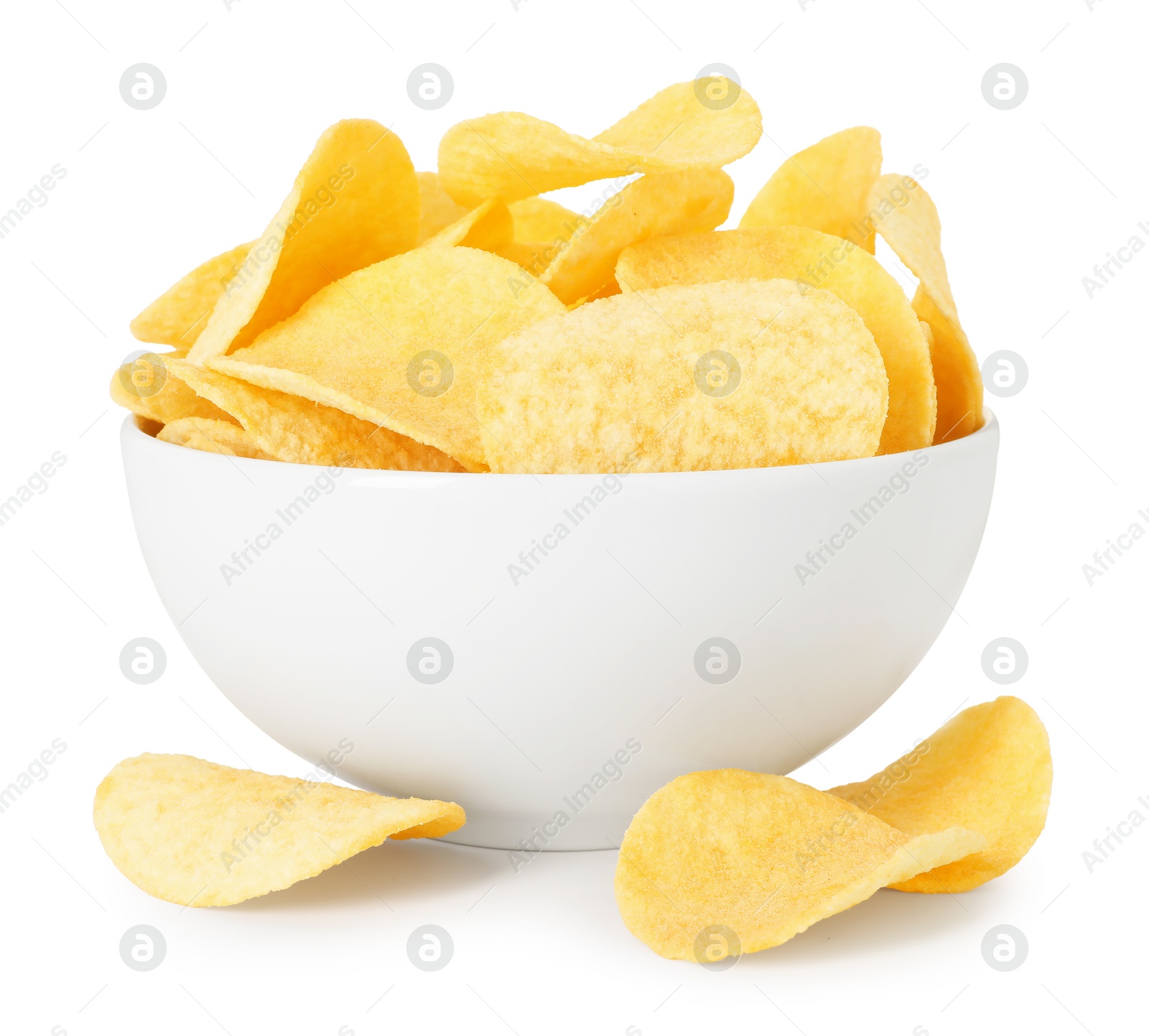 Tasty potato chips in bowl isolated on white Photo of Tasty potato chips in bowl isolated on white