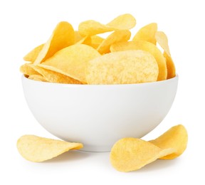 Photo of Tasty potato chips in bowl isolated on white