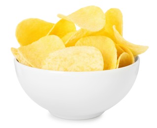 Photo of Tasty potato chips in bowl isolated on white
