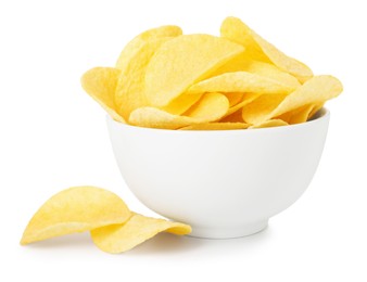 Photo of Tasty potato chips in bowl isolated on white
