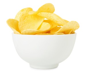 Photo of Tasty potato chips in bowl isolated on white