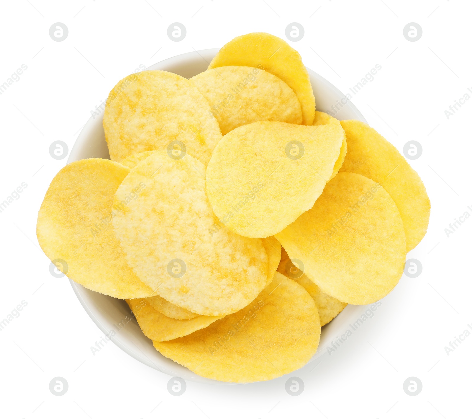 Tasty potato chips in bowl isolated on white, top view Photo of Tasty potato chips in bowl isolated on white, top view