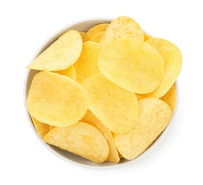 Photo of Tasty potato chips in bowl isolated on white, top view