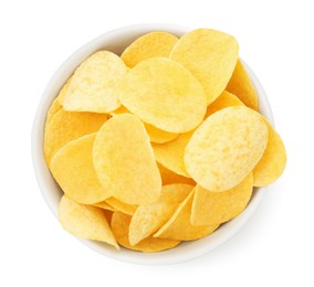 Photo of Tasty potato chips in bowl isolated on white, top view