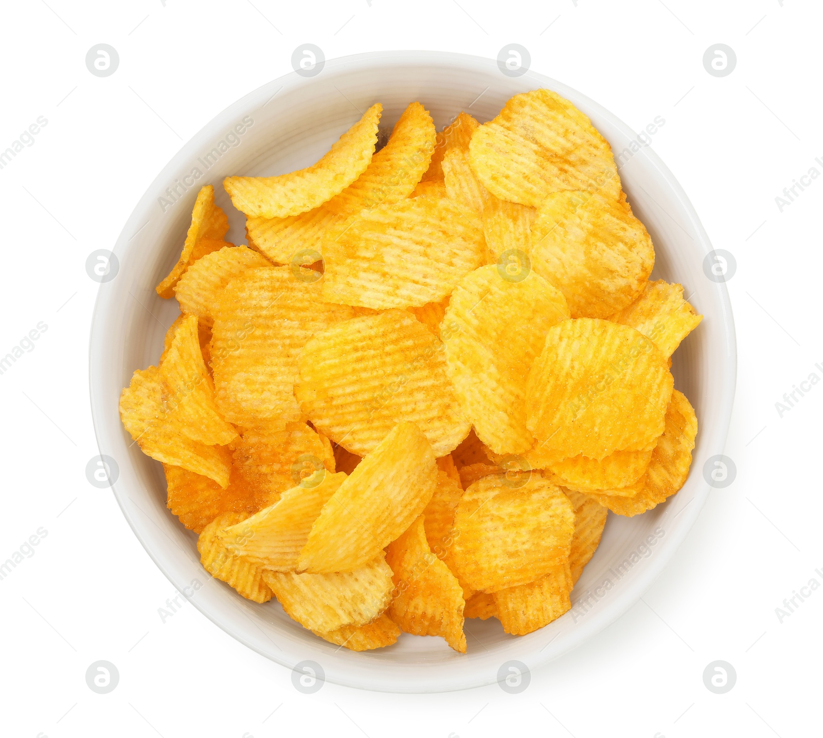 Tasty potato chips in bowl isolated on white, top view Photo of Tasty potato chips in bowl isolated on white, top view
