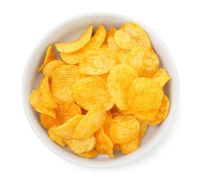 Photo of Tasty potato chips in bowl isolated on white, top view