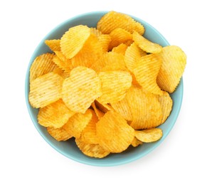 Photo of Tasty potato chips in bowl isolated on white, top view