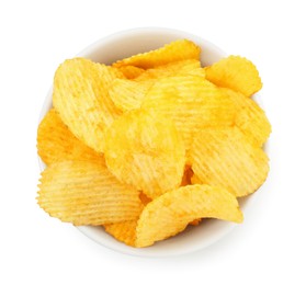 Photo of Tasty potato chips in bowl isolated on white, top view