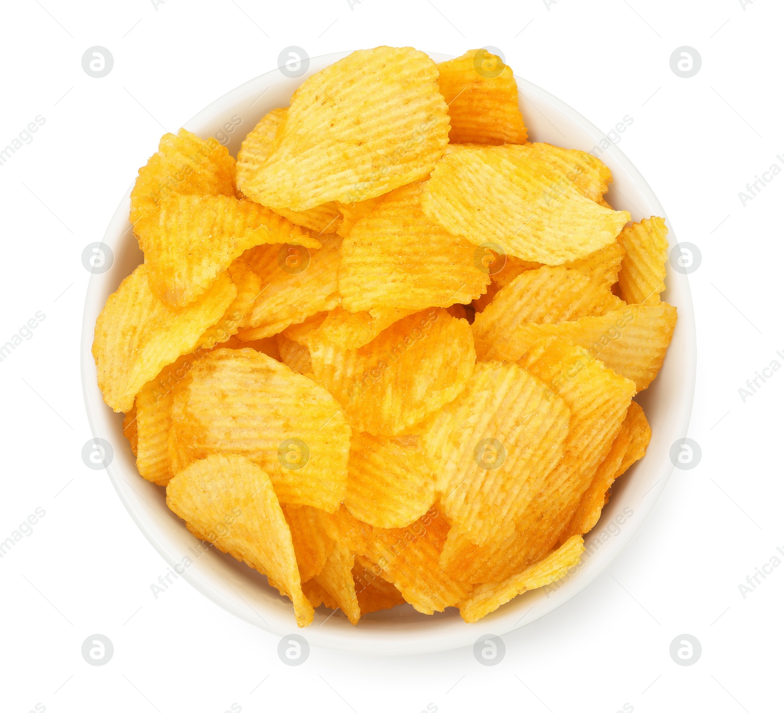 Tasty potato chips in bowl isolated on white, top view Photo of Tasty potato chips in bowl isolated on white, top view