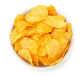 Photo of Tasty potato chips in bowl isolated on white, top view